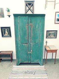 Early Green Painted Country Cupboard 19thC. Antique Wooden Primitive Cupboard