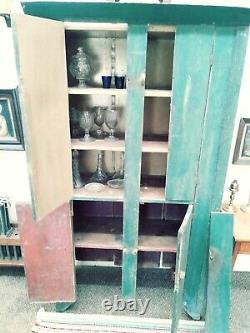 Early Green Painted Country Cupboard 19thC. Antique Wooden Primitive Cupboard