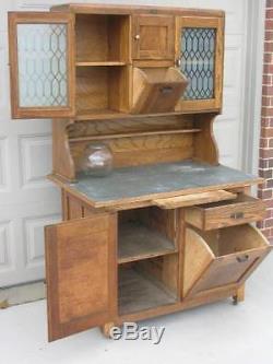 Early Hoosier Style Kitchen Cabinet with Tilt Out Bins, Etched Glass Doors