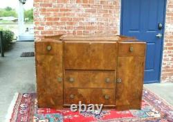 English Antique Burled Walnut Art Deco Sideboard Buffet Wine Bar Cabinet