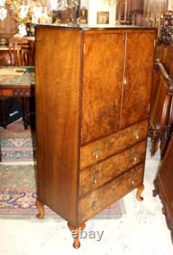 English Antique Burled Walnut Queen Anne Gentlemen Cabinet / Chest of Drawers