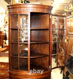 English Antique Mahogany Wood All Glass Door Large Corner Display Cabinet