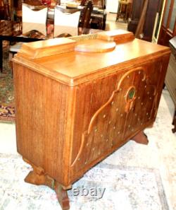 English Antique Oak Art Deco Sideboard Small Buffet Bar Cabinet c. 1930s
