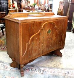 English Antique Oak Art Deco Sideboard Small Buffet Bar Cabinet c. 1930s