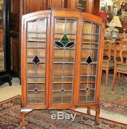English Antique Oak Leaded Glass Arts & Crafts Bureau Bookcase / Display Cabinet