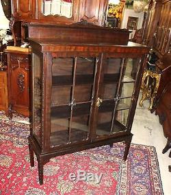 English Antique Solid Mahogany Glass Door Display Cabinet Small 3 Shelf Bookcase