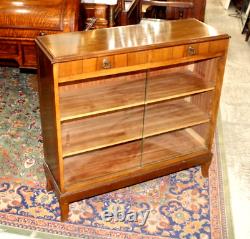 English Antique Walnut Glass Door Bookcase / Display Cabinet