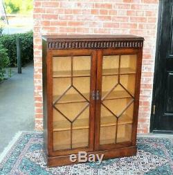 English Oak Arts & Crafts Glass Door Bookcase / Display Cabinet