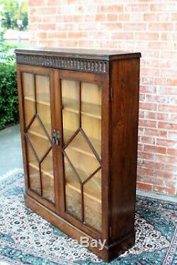 English Oak Arts & Crafts Glass Door Bookcase / Display Cabinet