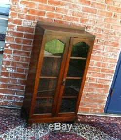 English Oak Arts & Crafts Two Glass Door Bookcase / Display Cabinet
