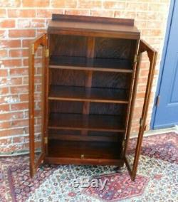 English Oak Arts & Crafts Two Glass Door Bookcase / Display Cabinet