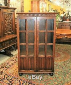 English Oak Glass Door Bookcase / Display Cabinet