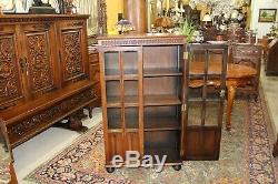 English Oak Glass Door Bookcase / Display Cabinet
