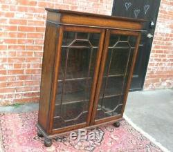 English Oak Jacobean Glass Door Bookcase / Display Cabinet