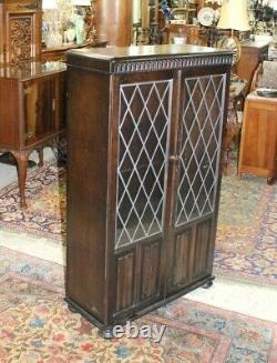 English Oak Jacobean Leaded Glass Door Bookcase / Display Cabinet