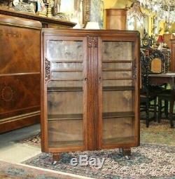 English Oak Wood Art Deco 2 Door Bookcase / Display Cabinet