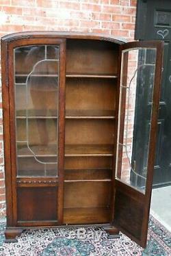 English Oak Wood Art Deco 2 Door Leaded Glass Bookcase / Display Cabinet