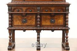 English Tudor 1925 Antique Walnut Carved China Cabinet or Back Bar