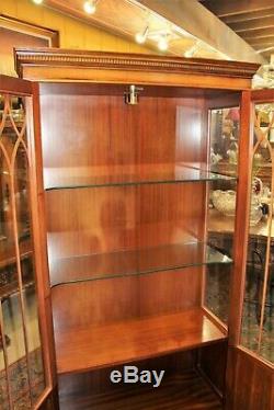 English Walnut Glass Door Display Cabinet / With 2 Glass Shelves & Light