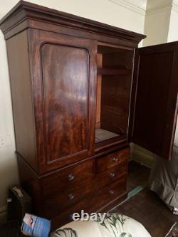 Estate 19th Century English Three Part Mahogany Linen Press Original Interior