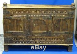 FABULOUS DISTRESSED CARVED WOOD INDIAN CABINET with METAL TRIM WORK FIXTURE