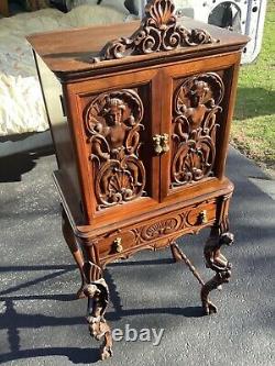 Fancy Antique Walnut Hall Desk Boudoir Cabinet Rococo Carved Figures and Cherubs