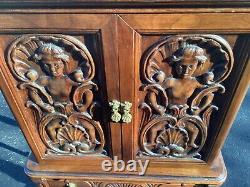 Fancy Antique Walnut Hall Desk Boudoir Cabinet Rococo Carved Figures and Cherubs