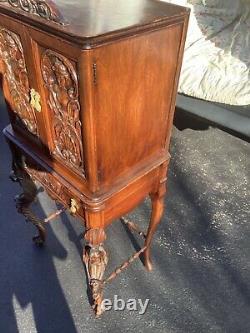 Fancy Antique Walnut Hall Desk Boudoir Cabinet Rococo Carved Figures and Cherubs