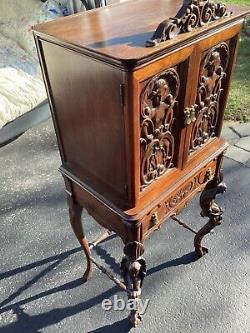 Fancy Antique Walnut Hall Desk Boudoir Cabinet Rococo Carved Figures and Cherubs