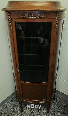 Fine French Walnut Parquetry Inlaid Curved Glass Antique Vitrine China Cabinet
