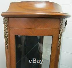 Fine French Walnut Parquetry Inlaid Curved Glass Antique Vitrine China Cabinet