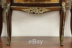 French 1910 Antique Vitrine Curved Glass Curio Cabinet, Marble, Paintings