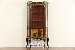 French 1910 Antique Vitrine Curved Glass Curio Cabinet, Marble, Paintings