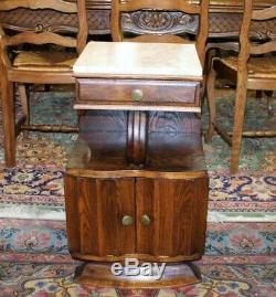 French Antique Art Deco Oak Marble Top Nightstand Small Side Cabinet Lamp Table