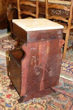 French Antique Art Deco Oak Marble Top Nightstand Small Side Cabinet Lamp Table