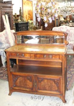 French Antique Burled Walnut Art Nouveau Marble Top Server Cabinet Sideboard