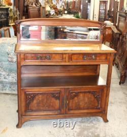 French Antique Burled Walnut Art Nouveau Marble Top Server Cabinet Sideboard