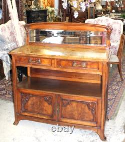 French Antique Burled Walnut Art Nouveau Marble Top Server Cabinet Sideboard