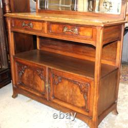 French Antique Burled Walnut Art Nouveau Marble Top Server Cabinet Sideboard