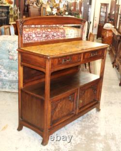 French Antique Burled Walnut Art Nouveau Marble Top Server Cabinet Sideboard