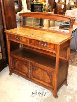 French Antique Burled Walnut Art Nouveau Marble Top Server Cabinet Sideboard