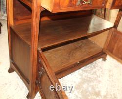 French Antique Burled Walnut Art Nouveau Marble Top Server Cabinet Sideboard