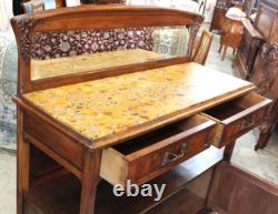 French Antique Burled Walnut Art Nouveau Marble Top Server Cabinet Sideboard