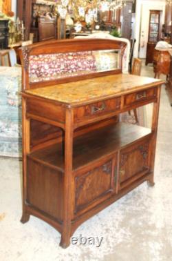 French Antique Burled Walnut Art Nouveau Marble Top Server Cabinet Sideboard