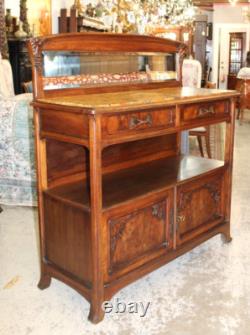 French Antique Burled Walnut Art Nouveau Marble Top Server Cabinet Sideboard