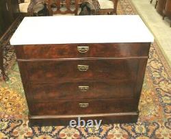 French Antique Flamed Mahogany Louis Phillipe Marble Top Chest of Drawers