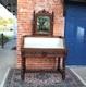 French Antique Louis Xiii Oak Washstand Marble Top Vanity Dresser With Mirror