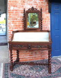 French Antique Louis XIII Oak Washstand Marble Top Vanity Dresser with Mirror