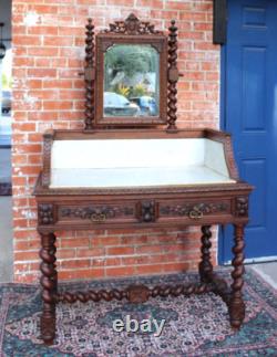 French Antique Louis XIII Oak Washstand Marble Top Vanity Dresser with Mirror