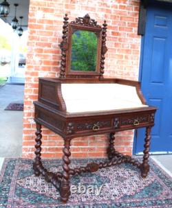 French Antique Louis XIII Oak Washstand Marble Top Vanity Dresser with Mirror